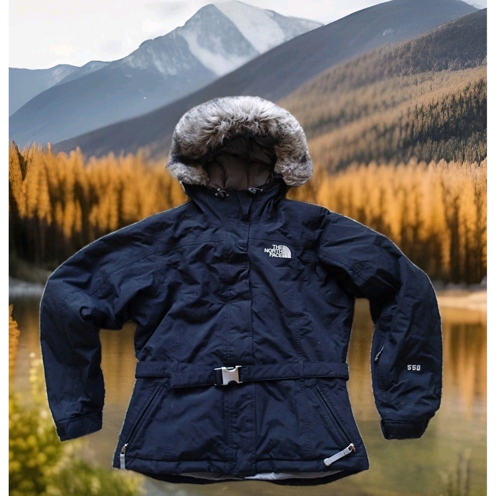 The North Face 550 Down Parka Jacket Womens Small Black Excellent‎ Belted Hooded